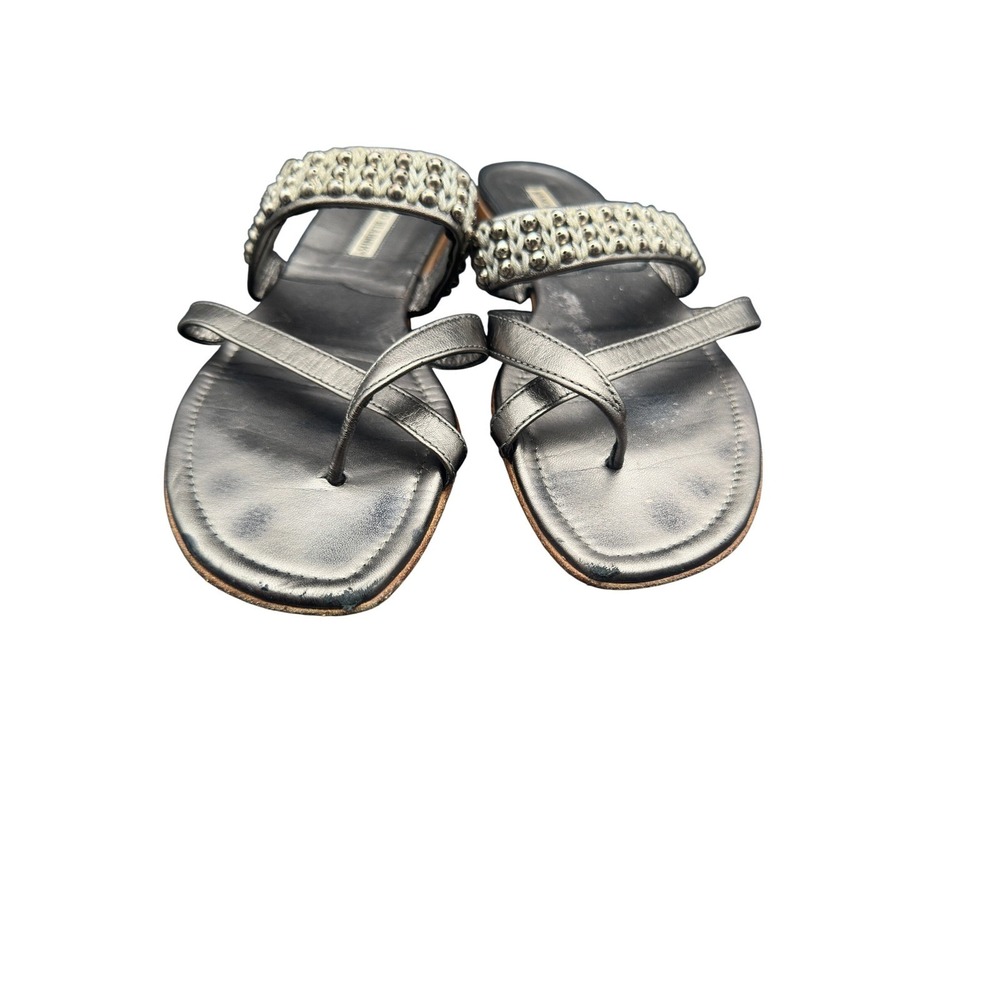 Manolo Blahnik Metallic Pewter Leather Studded Flat Sandals Italy Sz 39.5 US 9.5 - Picture 5 of 9